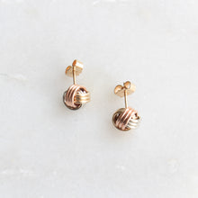 Load image into Gallery viewer, tricolour lattice studs -menkDUKE | 10k tricolor gold knot earrings