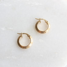 Load image into Gallery viewer, menkDUKE | 10k yellow gold etched hoop earrings