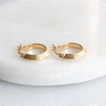Load image into Gallery viewer, menkDUKE | 10k yellow gold etched hoop earrings