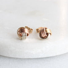Load image into Gallery viewer, tricolour lattice studs -menkDUKE | 10k tricolor gold knot earrings