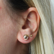 Load image into Gallery viewer, tricolour lattice studs -menkDUKE | 10k tricolor gold knot earrings