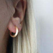 Load image into Gallery viewer, menkDUKE | 10k yellow gold etched hoop earrings