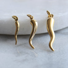 Load image into Gallery viewer, 10k italian horn cornicello charm in 3 sizes
