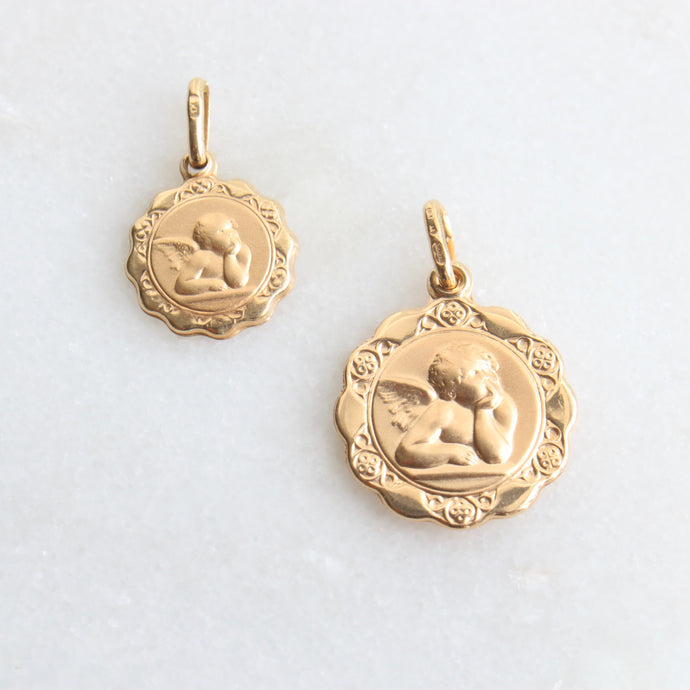 10k yellow gold cherub angel medallion pendant in two sizes