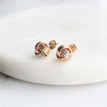 Load image into Gallery viewer, tricolour lattice studs -menkDUKE | 10k tricolor gold knot earrings
