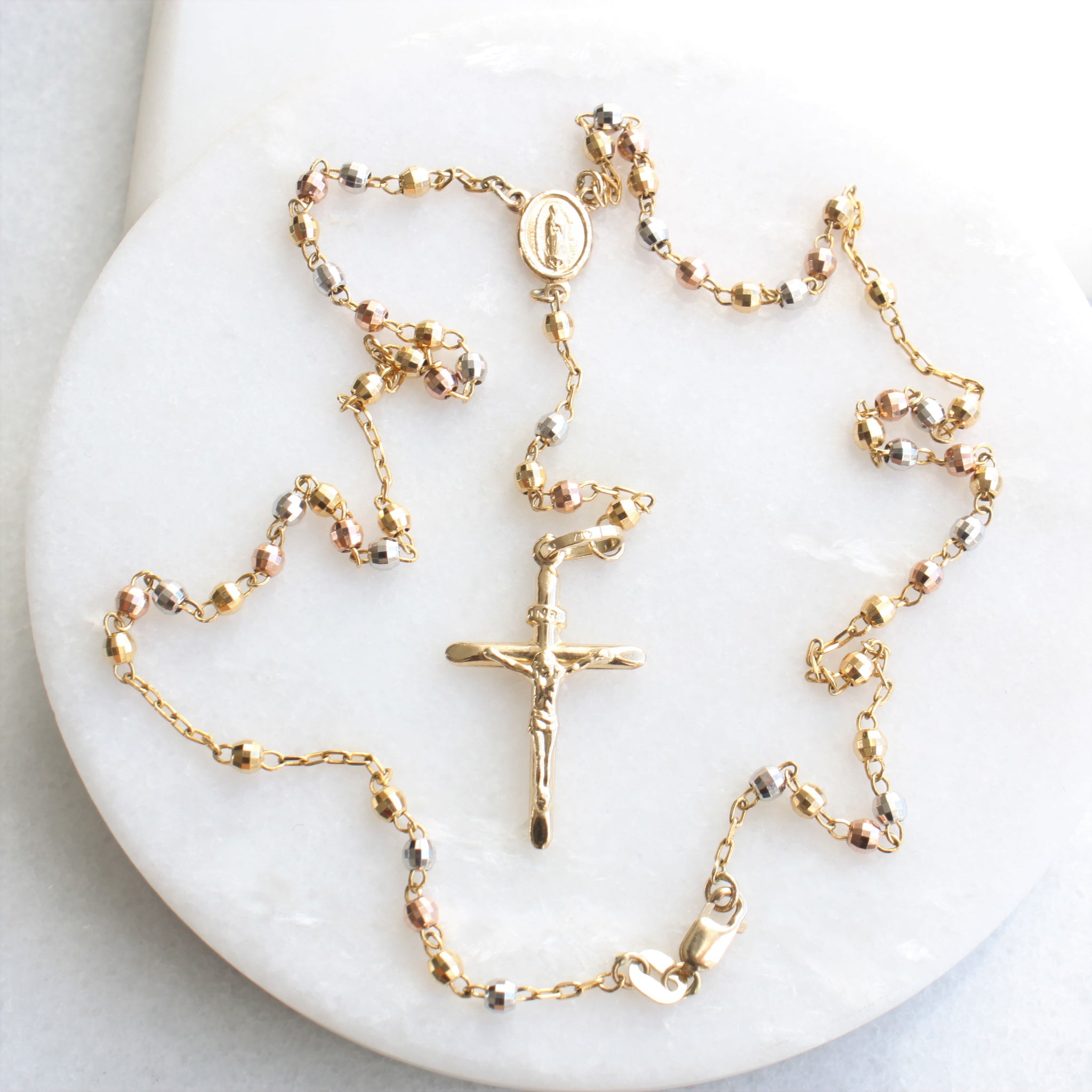 10k Solid Yellow Gold Rosary virgin Mary Jesus Cross Necklace 24'' 9.9 – bhj