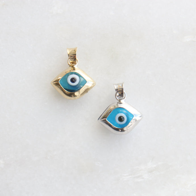 10k yellow and white double sided eye shaped evil eye charm 